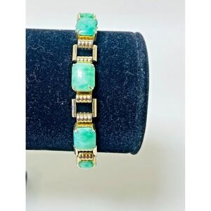 Vintage Art Deco 7" Bracelet Faux Jade Green Gold Tone Link Costume Gift‎